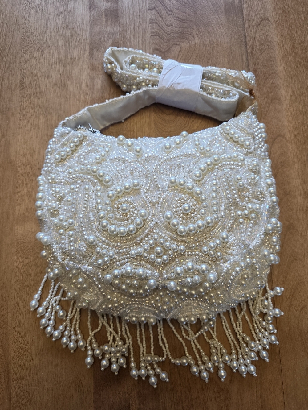 HANDMADE IN INDIA BEADED  FAUX PEARL FRINGE SHOULDER BAG NEW